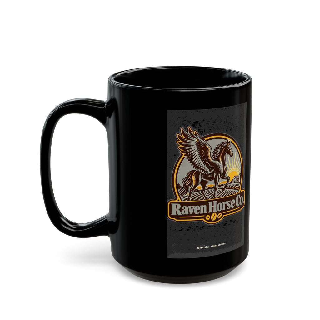 Black ceramic mug vintage-style winged horse graphic front view