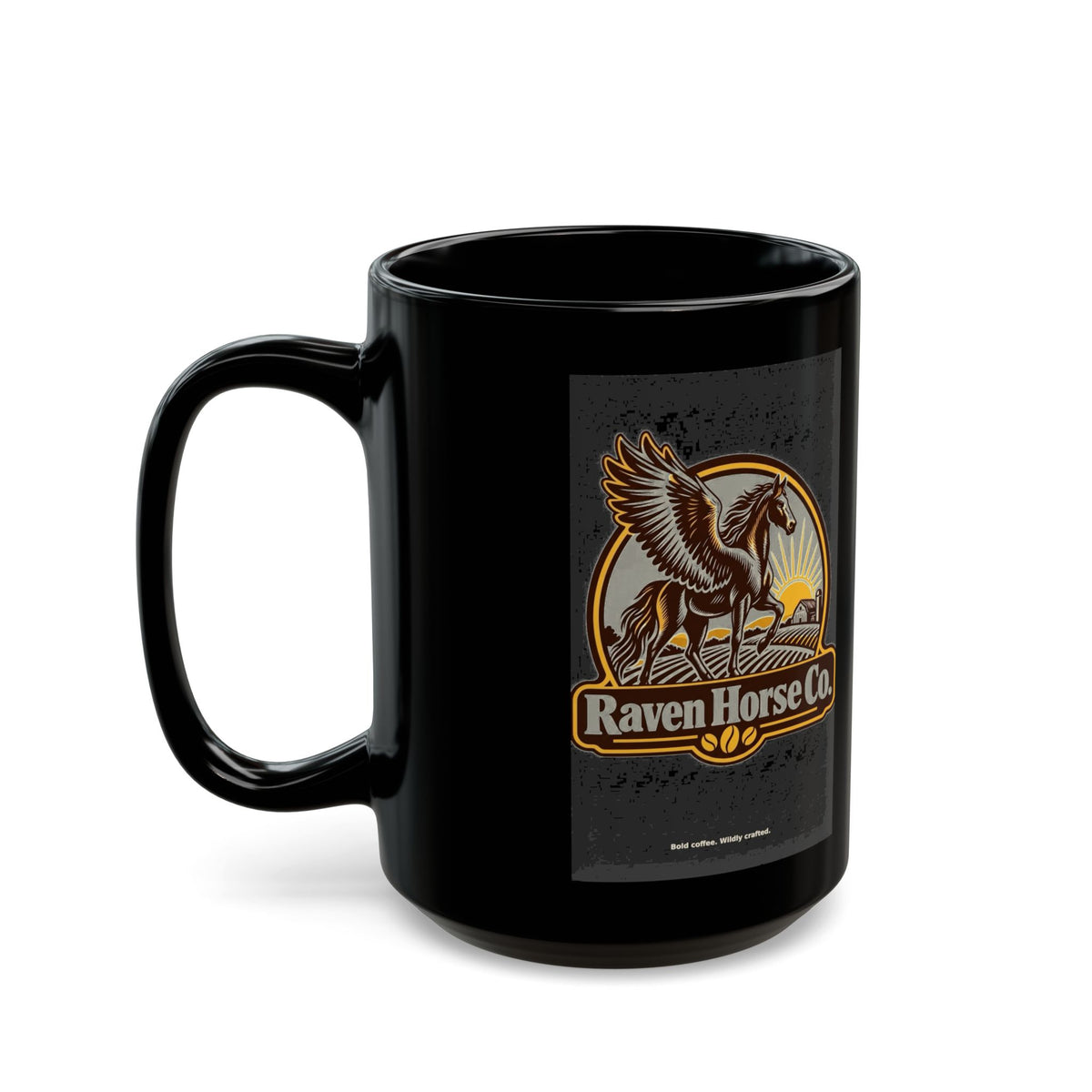 Black ceramic mug vintage-style winged horse graphic front view