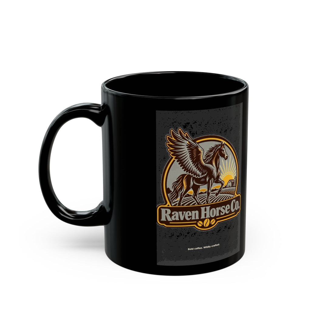 Black ceramic mug with winged horse logo on white background