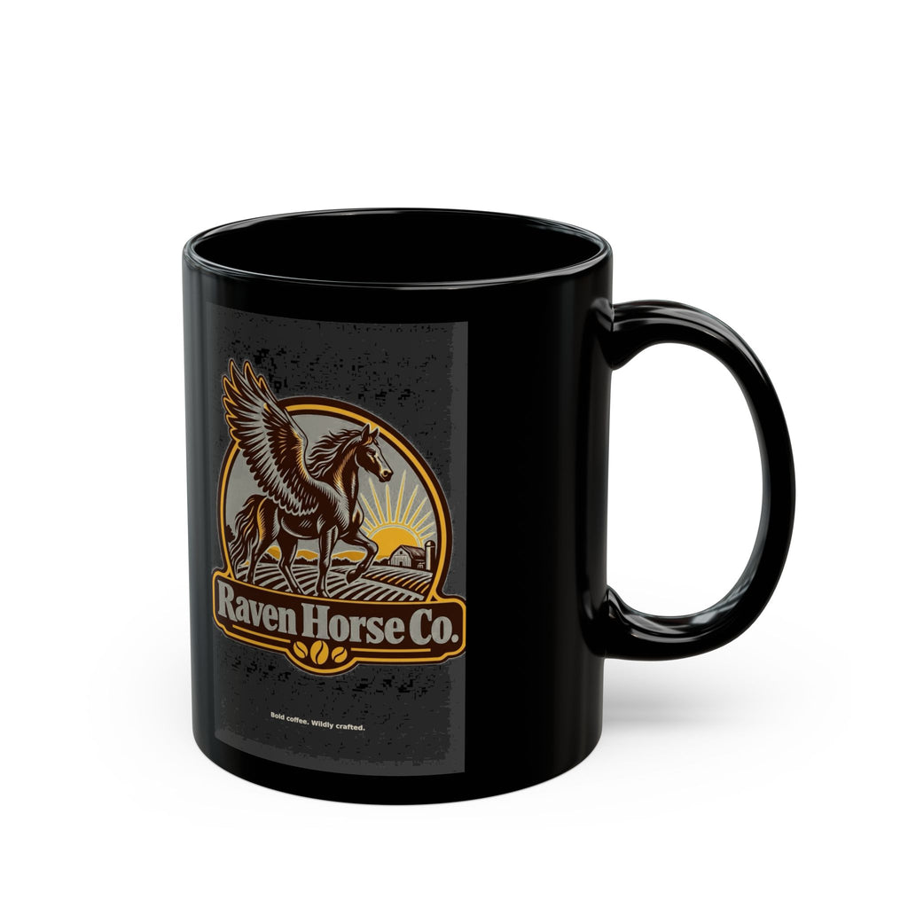 Black ceramic mug front with Raven Horse Co. logo