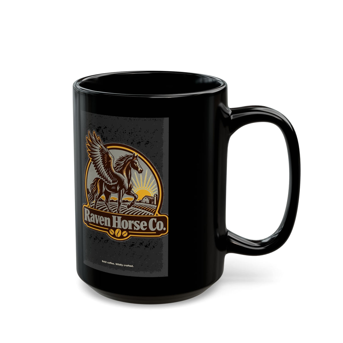 Black ceramic mug side view with winged horse logo
